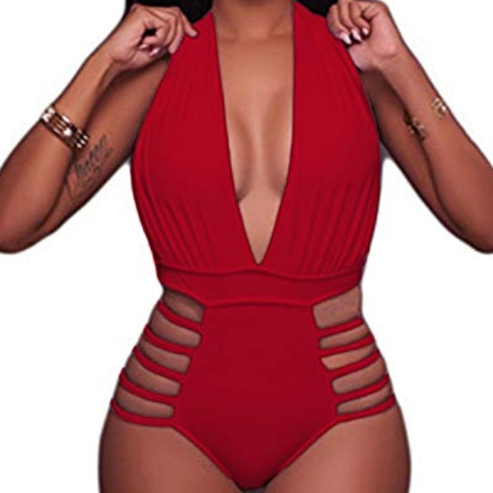 Aqua Eve Sexy 1pc Swimsuits Halter Plunge NWOT